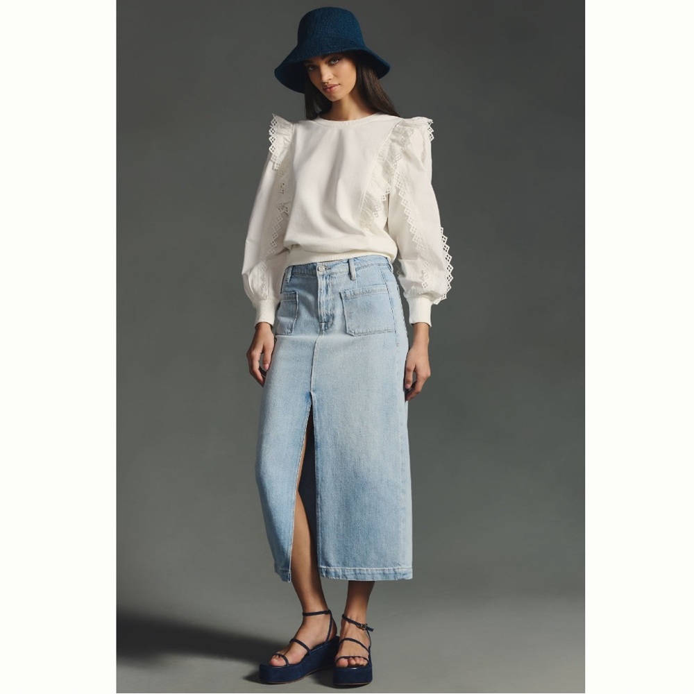 By Anthropologie Ruffle-Sleeve Lace Sweatshirt in Ivory White size Small